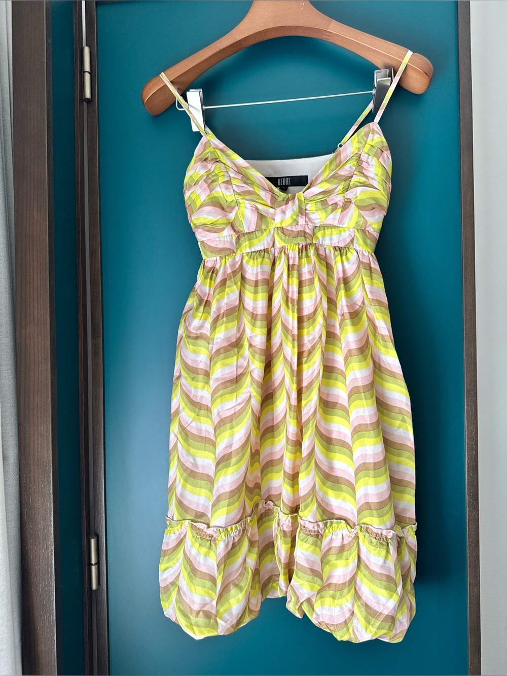 2000s Bedo Femme Silk Pink & Green Striped Bubble Dress Small